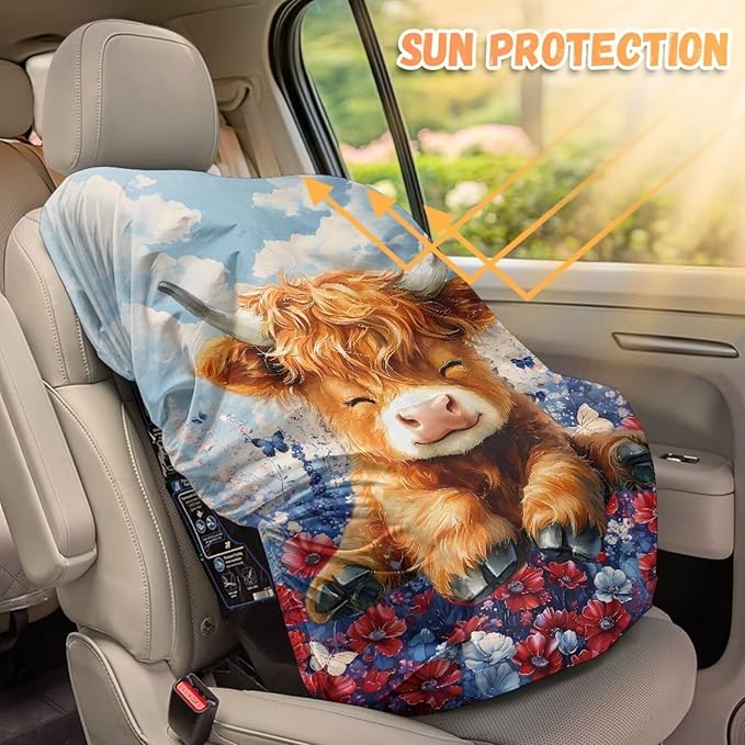 XYZCANDO Highland Cow Child Car Seat Cover Cartoon Car Seat Covers for Babies Replacement Car Seat Protector for Child Car Seat Portable Car Seat Sun Cover for Baby Gift for Birthday