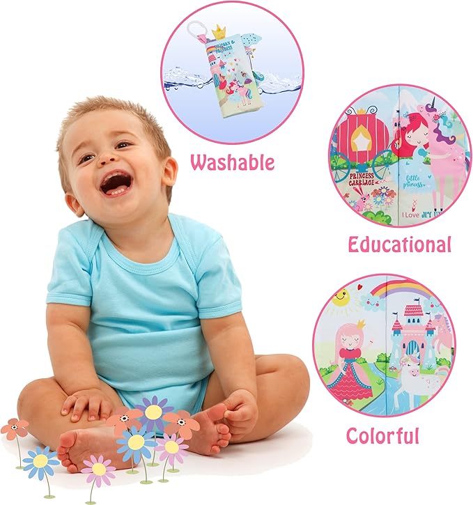 bebe mondo Unicorn Baby Books 0-6 Months Toys 6 to 12 Months, Touch Feel Cloth Crinkle Books for Babies,Infants, Soft Sensory Stroller Toys, Easter Baby Gifts Shower Items, Chweing Book (Princess)