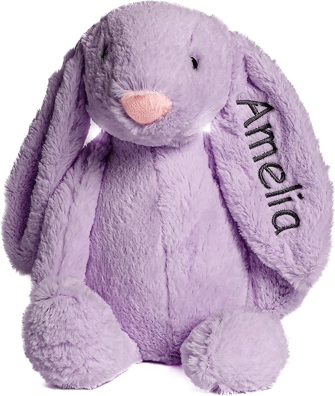 Personalized Super Soft Plush Bunny - Stuffed Animal Toy for Kids - Custom Gift with Embroidered Name on Ear for Easter, (Purple, Medium)