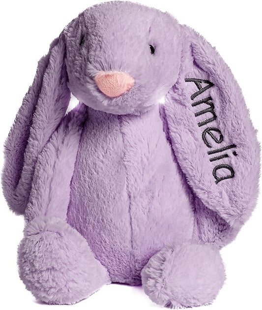 Personalized Super Soft Plush Bunny - Stuffed Animal Toy for Kids - Custom Gift with Embroidered Name on Ear for Easter, (Purple, Medium)