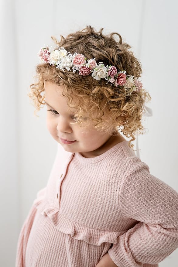 Blush Pink Flower Girl Crown with Baby's Breath Headpiece Young Girl Floral Hair Wreath Rustic Wedding Hair Accessories Headband for Child(43cm length)
