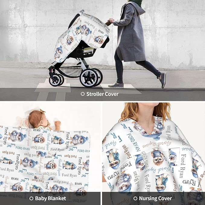 Personalized Baby Car Seat Canopy Minky Owl Baby Blanket Custom Name Baby Car Seat Cover Girls Boys Infant Newborn Carseat Canopy Nursing Cover for Stroller Car Seat Canopies