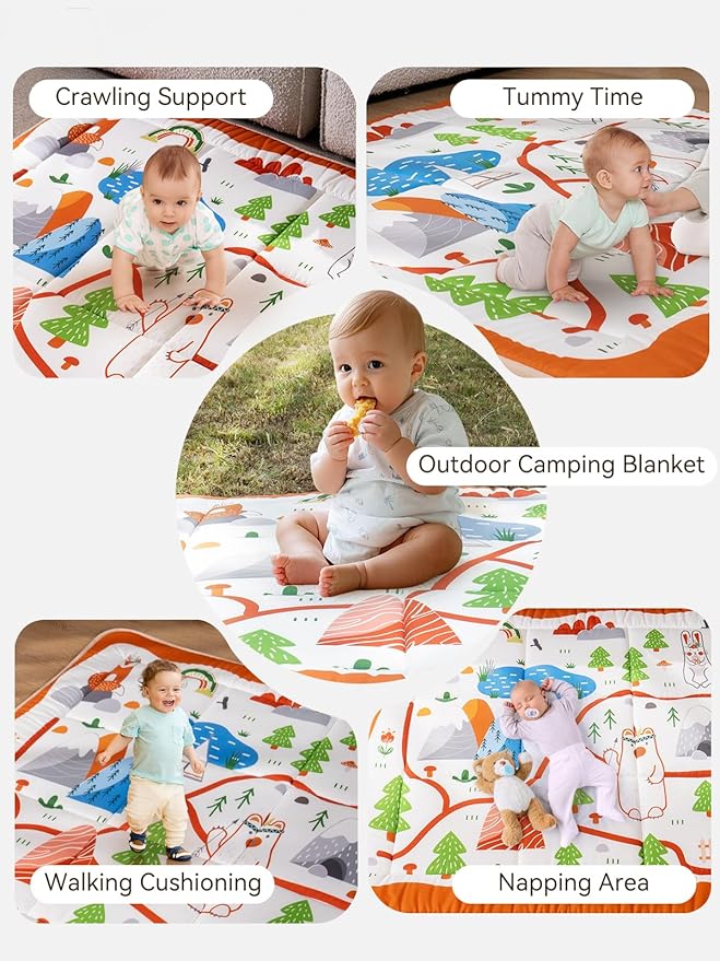 TILLYOU Baby Play Mats for Floor, 50x50 Playpen Mat, Extra Thick Foam Play Mat for Babies and Toddlers, Foldable Baby Crawling Mat for Playpen, Zoo
