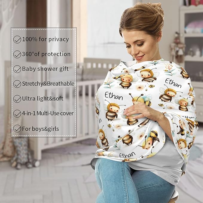 Personalized Bee Baby Car Seat Cover with Name,Multi-Use Canopy for Nursing, Strollers,Shopping Carts,Customized Breastfeeding Cover, Full Privacy,Infant Stroller Cover