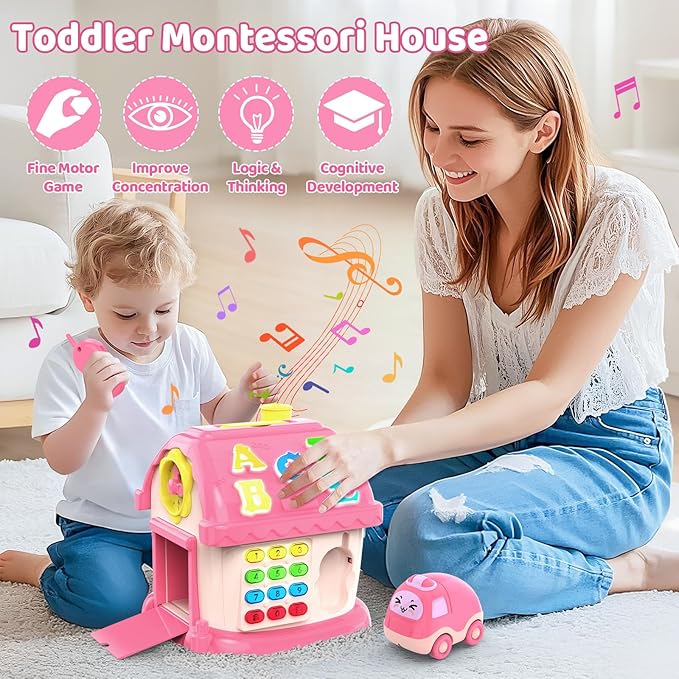 Toddler Toys for 1 Year Old Girl Gifts, 12-in-1 Montessori Musical House Toddler Learning Toys for 1-2, 1st First Birthday Gifts Baby Girl Boy Gift Toys 6-12 12-18 Months, Pink