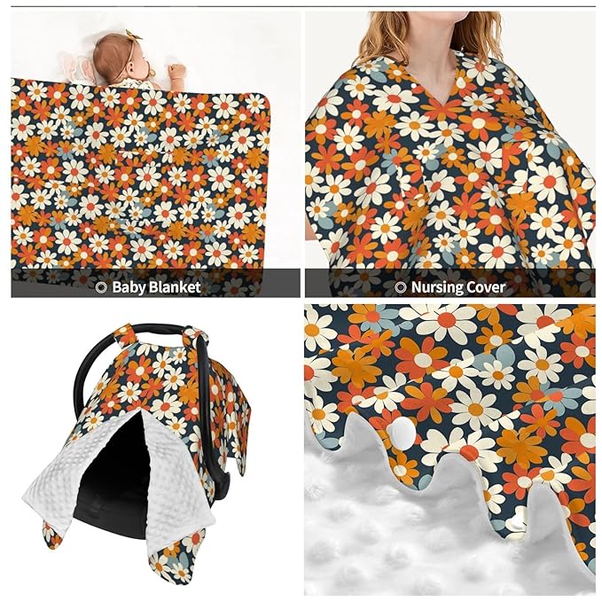 Retro Daisy Floral Baby Car Seat Canopy Nursing Cover for Newborn Car Seat Breastfeeding Covers Blanket Newborn Shower Gift