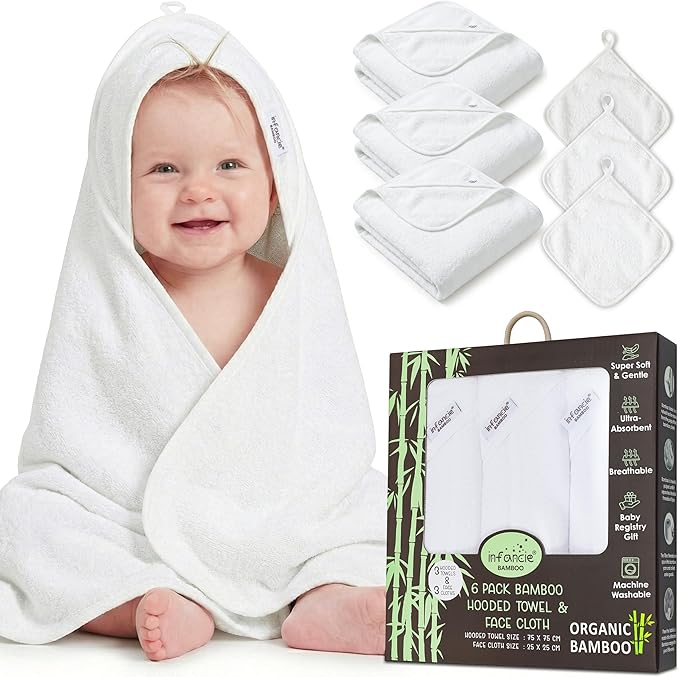 Organic Bamboo Hooded Baby Towels with Washcloths – 3 Hooded Towel (30x30 inches) & 3 Washcloth (10x10 inches) – Ultra Soft, Absorbent & Cozy Baby Wash Cloths for Newborn and Infants