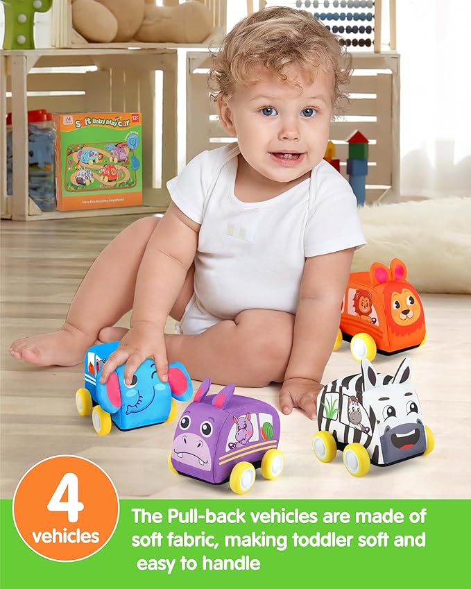 Vanmor Baby Car Toys for 12 Month Old Toys, Musical Playmat with 4 Animal Soft Pull-Back Vehiclefor 1 Year Old, Soft Baby Learning Toys 12-18 Months, 1st Birthday Xmas Gift for Toddlers