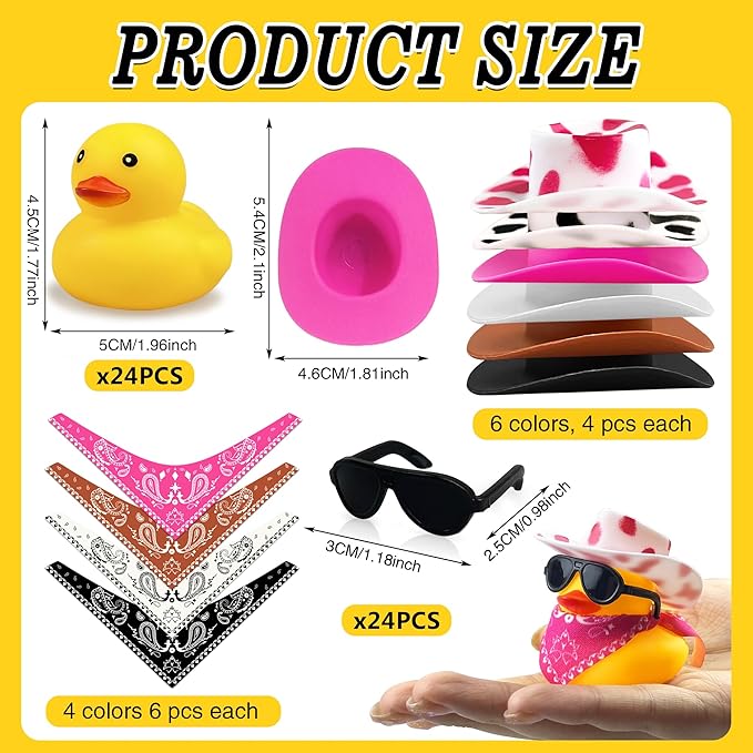 24 Sets Disco Cowboy Rubber Ducks with Scarf Hat and Sunglasses Mini Bath Duck Toys for Birthday Swimming Party Gift Favor Decorations