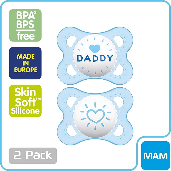 MAM Original Baby Pacifier, Nipple Shape Helps Promote Healthy Oral Development, Sterilizer Case, 2 Pack, 0-6 Months, Love & Affection/Boy