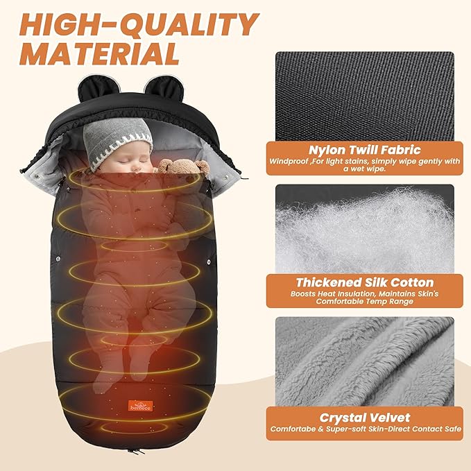 Bemece Warm Bunting Bag, Universal Winter Stroller Cover with Zip, Windproof Stroller footmuff for Baby Buggies Pushchair, Machine Washable