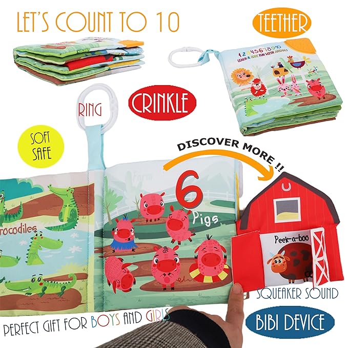 Touch and Feel Cloth Crinkle Books for Babies Infant, Baby Books Toys 0-3-6-12-18 Months, Easter Shower Baby Gift, High Contrast Toys,Teething Teether,Tummy Time Mirror Toy for Boys and Girls-Farm