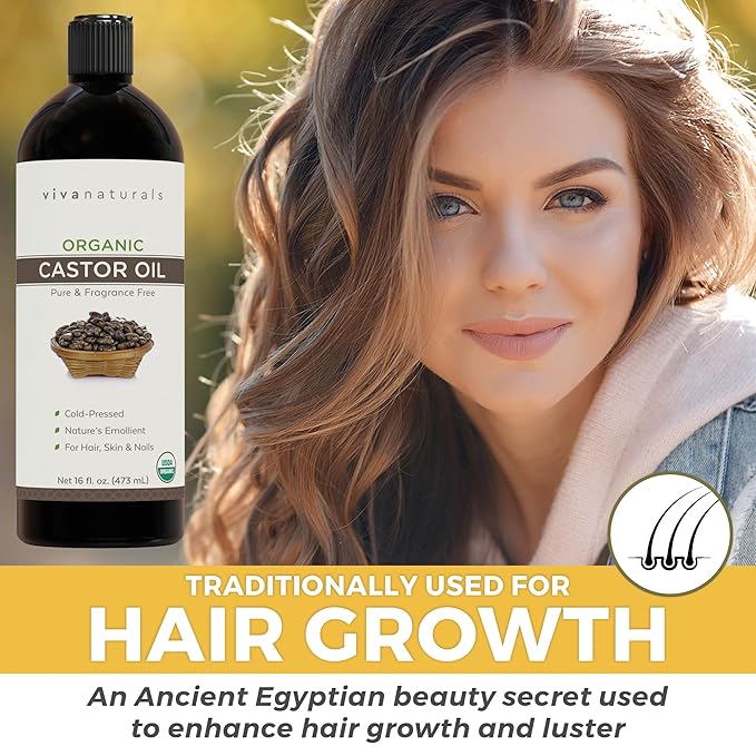 Viva Naturals Organic Castor Oil,Cold-Pressed,16 fl oz – For Face,Hair,Eyelashes,USDA Organic,Non-GMO - With Beauty Kit,(Pack of 2)
