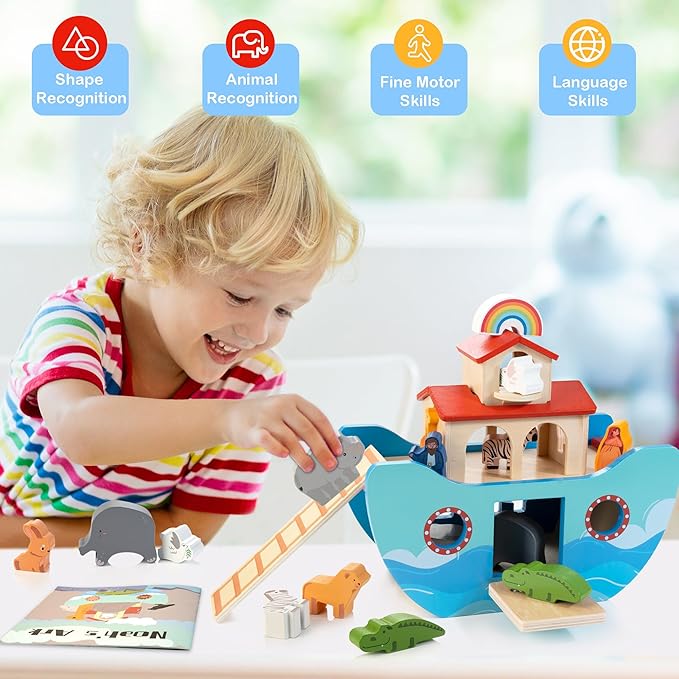 JUSTWOOD Wooden Noahs Ark Toy Animal Play Set, Bible Story Toys Baptism Gift for Boys and Girls Ages 1+ Years, Baby Shape Sorter Toy SS09