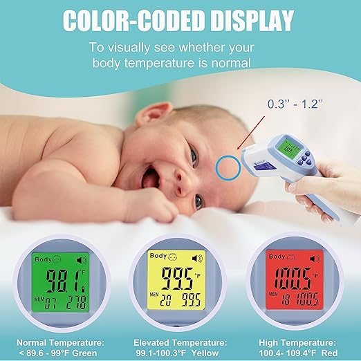 Amplim Digital Forehead Thermometer for Kids, Adults, and Babies - Touchless, Non-Contact Fever Thermometer with Temporal Head Function and Smart Color LCD Display