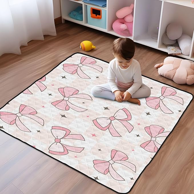 Baby Play Mat Pink Bows on Checkerboard 50 x 50 Playpen Mat for Floor Play Gym Crawling Non-Slip Cushioned Baby Playmat for Infants, Babies, Toddlers