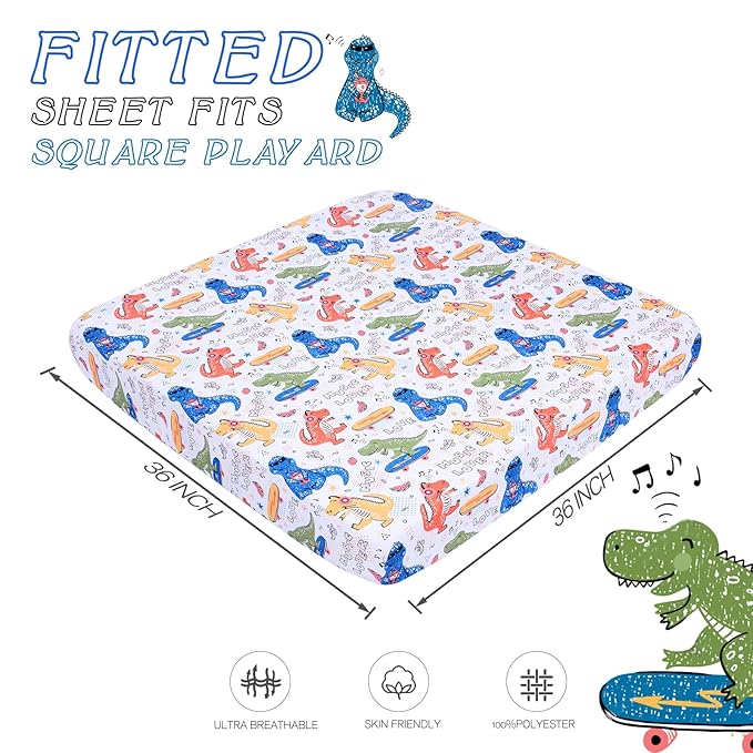 Cloele Square Playard/Playpen Stretch Fitted Sheets Perfect for 36 X 36 Portable Playard Mattresses - Square Pack and Play Crib Sheets - Ultra Soft Music Dinosaur Fitted Playpen Sheet for Baby
