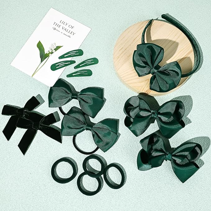 DEEKA Dark Green Uniform 15 Pieces Hair Accessories Set - Hair Bows, Hair Clips, Headband, Hair Ties for Little Toddler School Girls