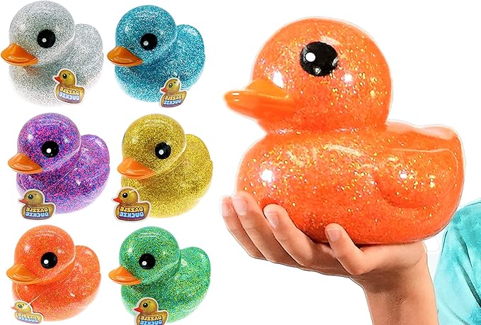 JA-RU, Giant Glitter Rubber Ducks Metallic Colors 7" (6 Units Assorted) Fidget Toy for Kids, Sensory Play Stress Relief Stocking Stuffers Supplies Pinata Filler in Bulk. Plus Sticker. 4346-6s