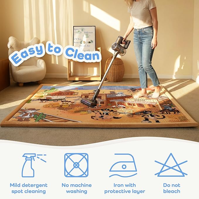 1.5" Thick Educational Extra Large Baby Floor Play Mat 79x158, Flannel Padded Memory Foam Kids Mat, Non-Slip Plush Playmat for Nursery Playroom Classroom (Western Cowboy)