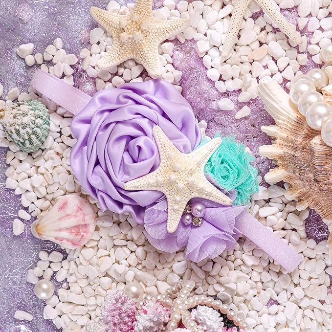 YanJie Mermaid Headbands Baby Girl Bows Starfish Baby Girl Hair Accessories for Party Lavender Headbands Newborn Bows Aqua Glitter Mermaid Accessories