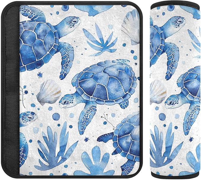 CHIFIGNO 2Pcs Seat Belt Cover Watercolor Blue Turtles and Shells Seatbelt Covers Soft Shoulder Strap Pad for Adults Kids