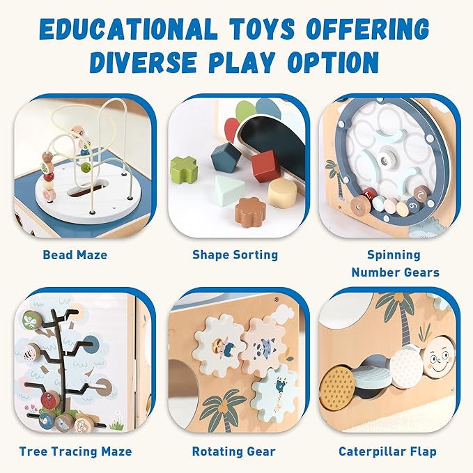 FReniland Wooden Activity Cube，Five Sided Montessori Toys，Sensory Toy for Toddler，Gift for Boys and Girls Over 18 Months