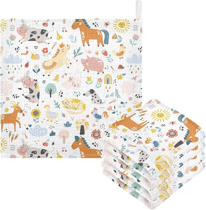 Baby Washcloths Cotton Cute Farm Animals Baby Muslin Washcloths Soft Baby Face Towel for Newborn Infants Baby Wipes, 11.8 X 11.8 Inch, 5 Pack