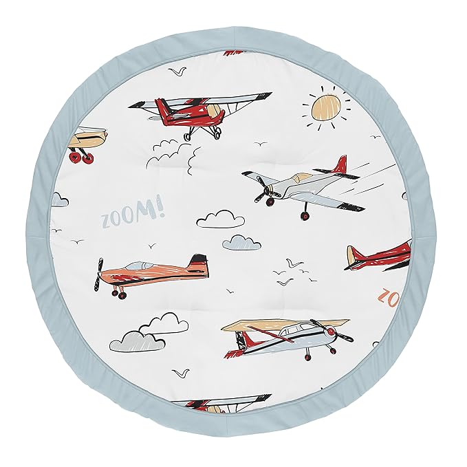 Sweet Jojo Designs Vintage Airplane Boy Baby Playmat Tummy Time Infant Play Mat - Grey Yellow Orange Red White and Blue Airplanes Air Plane Transportation Clouds Sun Sky Aviator Aviation