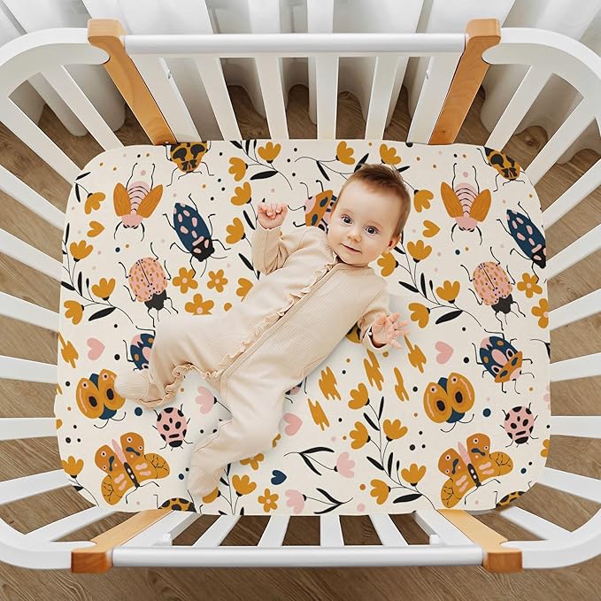 Insect Ladybug Beetles Fall Fitted Crib Sheets Stretchy Portable Playard Sheets for Baby Toddler, Breathable Soft Mini Crib Mattress 52 x 28 in for Boys and Girls