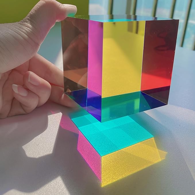CMY Colorful Cube, 3.93 inch (100mm) Acrylic Mixing Color Cube Prism for Physics Education Learning and Office Desktop Decor, Scientific Toys and Gifts for Kids