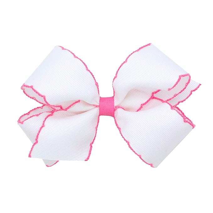 Wee Ones Girls' Classic Grosgrain Moonstitch Edge Hair Bow, No-Slip Hair Clip, Handmade, White with Hot Pink, Medium