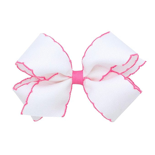 Wee Ones Girls' Classic Grosgrain Moonstitch Edge Hair Bow, No-Slip Hair Clip, Handmade, White with Hot Pink, Medium