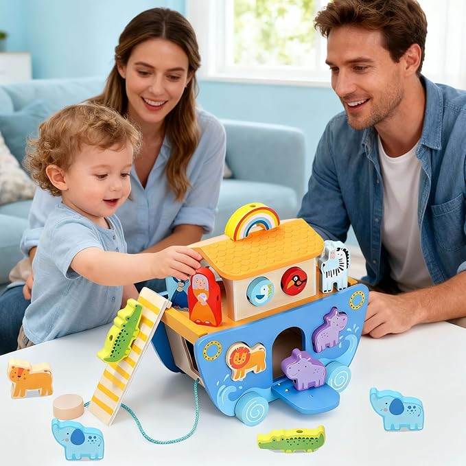 Tooysea Wooden Noah's Ark Toy with Animal Shape Sorter,Baptism Gifts for 1 2 3 4 Years Old,Montessori Toys for Toddlers,Baptism Gifts for Boys and Girls,24 Months Babies