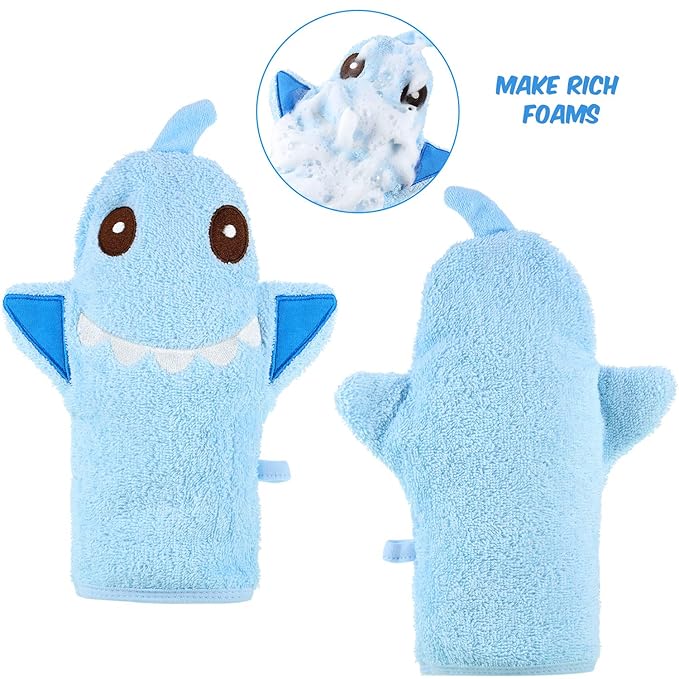 Shappy 2 Pieces Baby Bath Mitt Washcloths with Cute Animal Designs Yellow Duck Shark Towel Gentle Soft Scrub for Toddler Bath and Shower