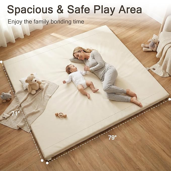 Vegan Leather Baby Play Mat, 79x71 Thicken Foam Play Mat for Infants and Toddlers, Padded & Cushioned Playpen Mat for 79x71 Playpens, 1.3" Thick, Cream
