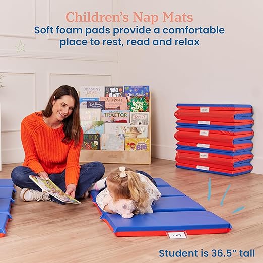 ECR4Kids Premium Folding Rest Mat, 4-Section, 2in, Sleeping Pad, Blue/Red