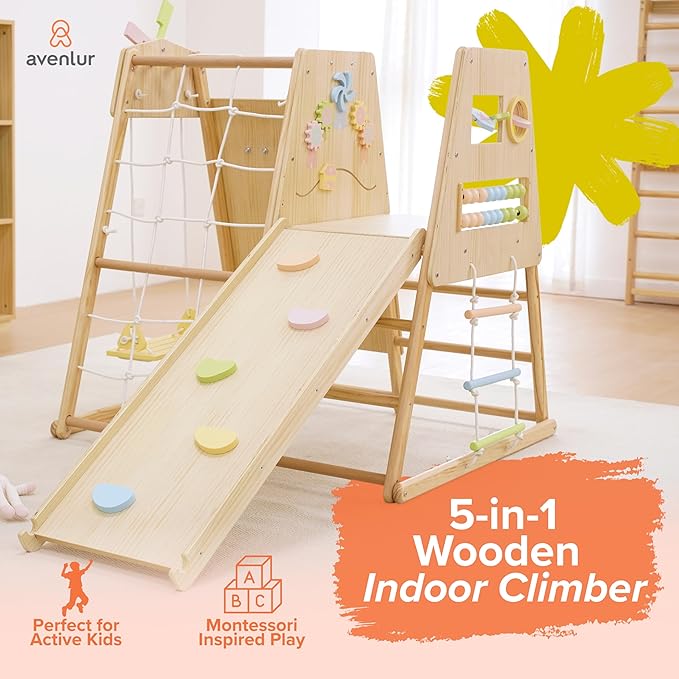 Avenlur Cherry 5-in-1 Wooden Indoor Climber – Montessori Toddler Play Gym with Slide, Rock Wall, Rope Ladder, Sensory Panel & Swing – Indoor Playground for Kids Ages 18 Months to 5 Years