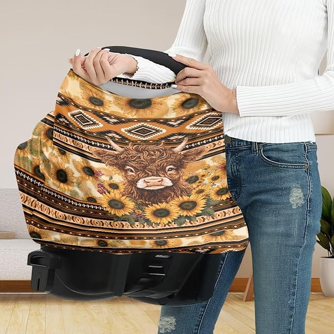 Car Seat Covers Canopy Cover Aztec Highland Cow Sunflower Multi-use Carseat Canopy Covers Breathable Breastfeeding Protector for Babies, Boys & Girls