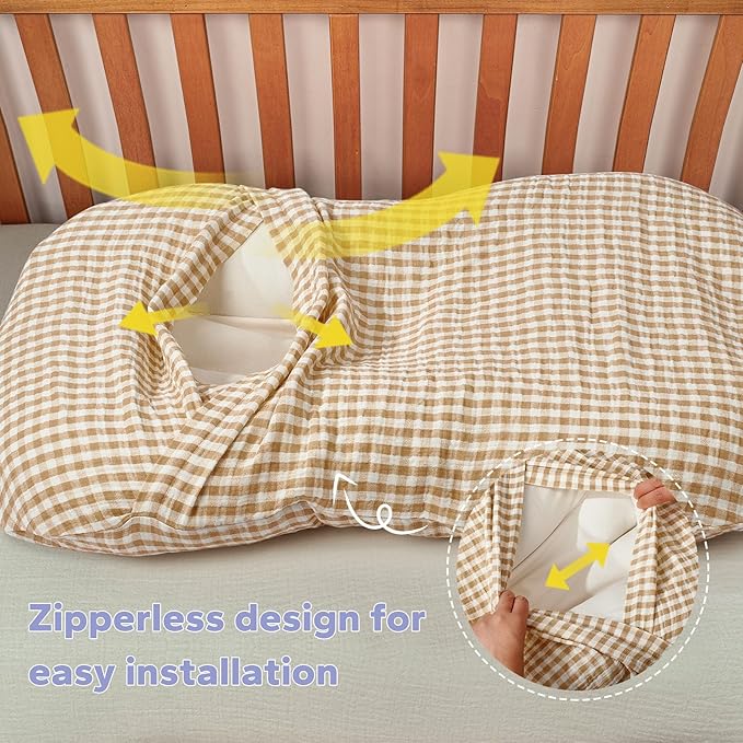 FUNUPUP Muslin Baby Lounger Cover Compatible with Snuggle Me Lounger, Infant Pillow Cover for Newborn, Removable Nest Slipcover for Boys and Girls, Only Cover, Beige and Plaid
