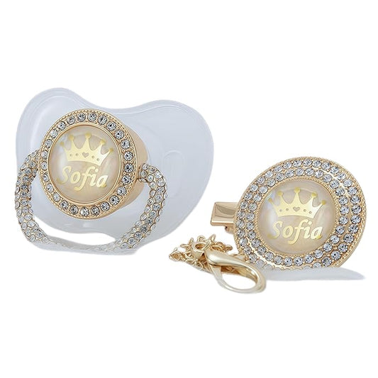 Personalized Name Anniversary All Bling Pacifier and Clip Set Gold Plated New Born Gift Photography No for Daily Use (Transparent)