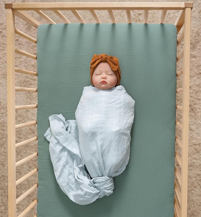 Meracorallo Muslin Mini Crib Sheet, Pack n Play Fitted Sheet, Soft and Breathable Pack and Play Playard Mattress Sheet for Baby Boys and Girls (Roman Green)