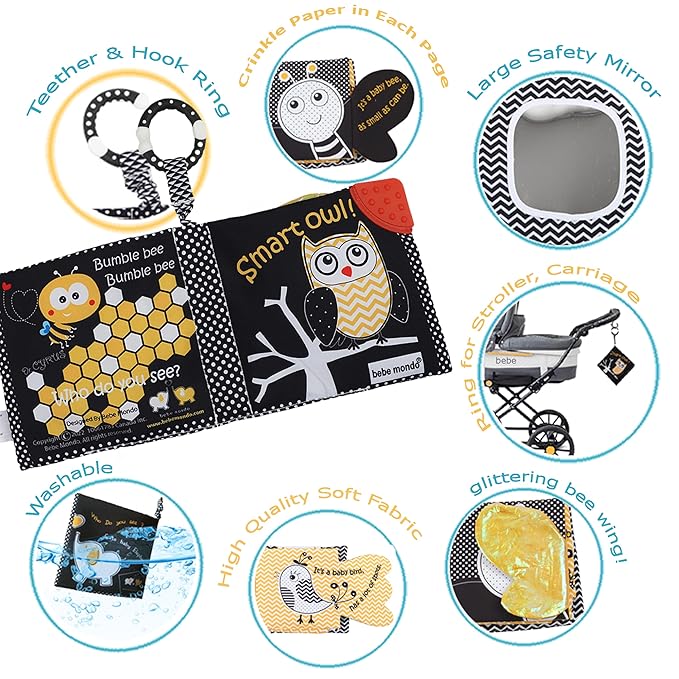 Touch and Feel Cloth Crinkle Books for Babies Infant, Baby Books Toys 0-3-6-12 Months, Easter Shower Baby Gifts, High Contrast Toy,Teething Teethers, Tummy Time Mirror Toys for Boys and Girls-Owl