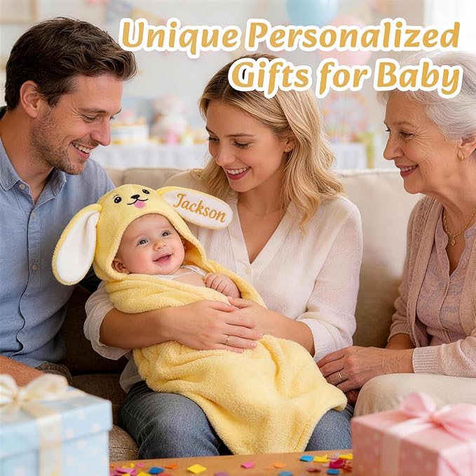 Custom Hooded Baby Towels with Name, Personalized Bunny Easter Gifts for Toddlers, Custom Baby Bath Towels for Newborn, Ultra Soft and Absorbent, Ideal for Girl Boy (Dog)