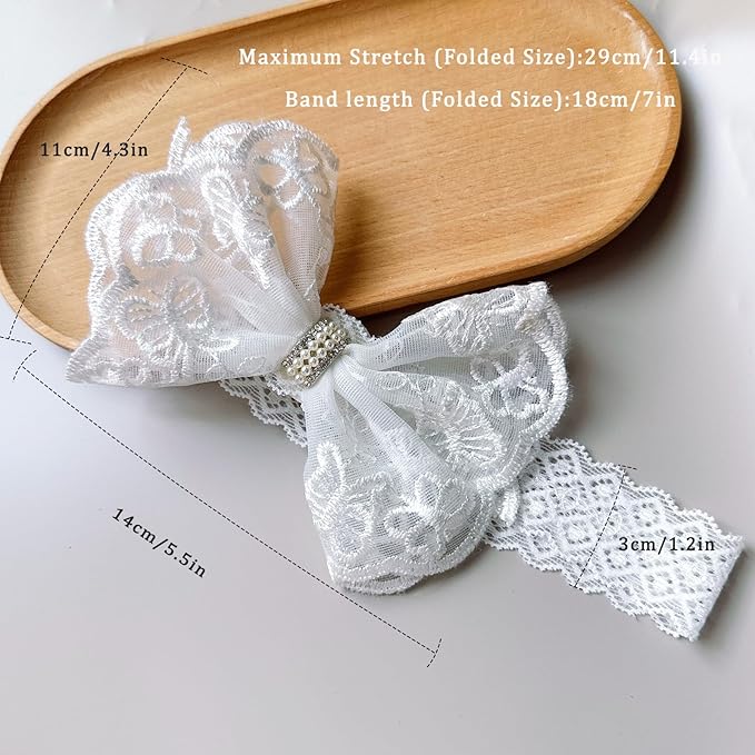 Baby Girls Headband White Bow Lace Headbands Soft Elastic Bowknot Hairbands Cute Hair Accessory for Newborn Kids Infant Toddler Baptism Birthday Party (Rhinestone Pearls)