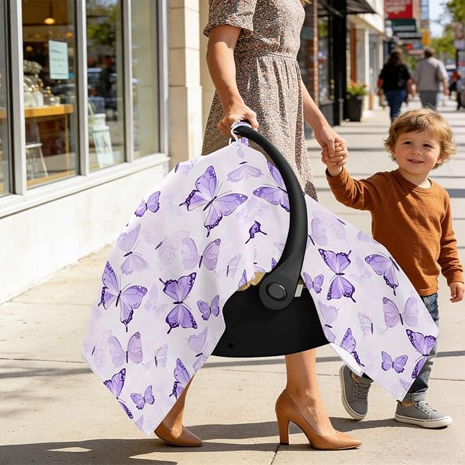 Purple Butterflies Infant Car Seat Cover Baby Stroller Carseat Covers Canopy Girls Boys Muslin Breathable Soft Lightweight Sun Shade Universal Fit