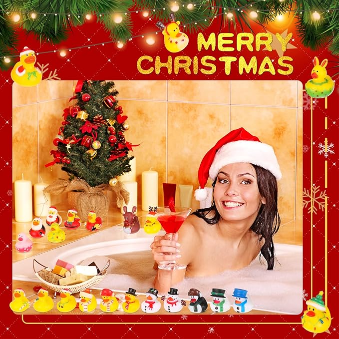 Hanaive 28 Pcs Christmas Ducks for Stocking Stuffers Mini Xmas Rubber Ducks Bath Toys for Kids Toddlers Christmas Goodie Bag Stuffers Xmas Party Favor Gifts (Stylish)