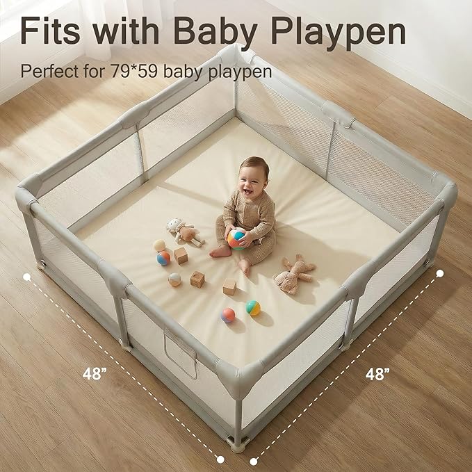 Vegan Leather Baby Play Mat, 48x48 Thicken Foam Play Mat for Infants and Toddlers, Padded & Cushioned Playpen Mat for 48x48 Playpens, 1.2" Thick, Cream