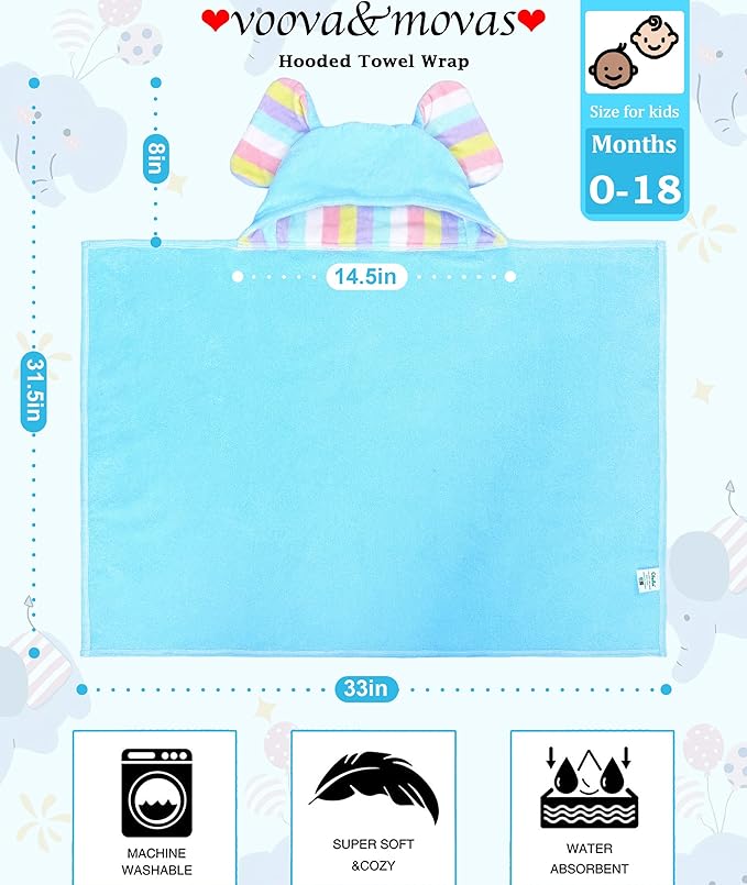 VOOVA & MOVAS Blue Baby Bath Towel with Cute Elephant Ears Hood – 33" x 31.5", 420GSM, 100% Cotton – Super Absorbent & Thick – for 0–18 Months Newborn, Toddler, Infant, Baby Essentials