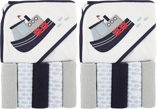 Luvable Friends Unisex Baby Hooded Towel with Five Washcloths, Tugboat, One Size (Pack of 2)